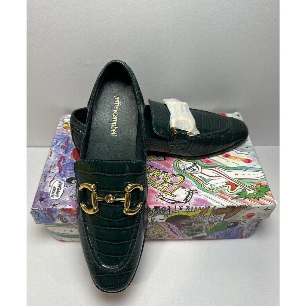 Jeffrey Campbell Dark Green Croc-Embossed Leather Loafers with Gold Bit